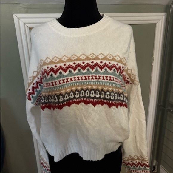 Hollister White and Red Crew Neck Sweater with Fair Isle Pattern - Picture 1 of 3